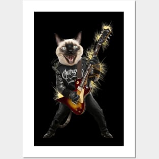 Cat Rock Siamese Funny Electric Guitar Punk Rocker Gift For Cat Mum Mom Dad Heavy Metal Kitten Cats Lover Posters and Art